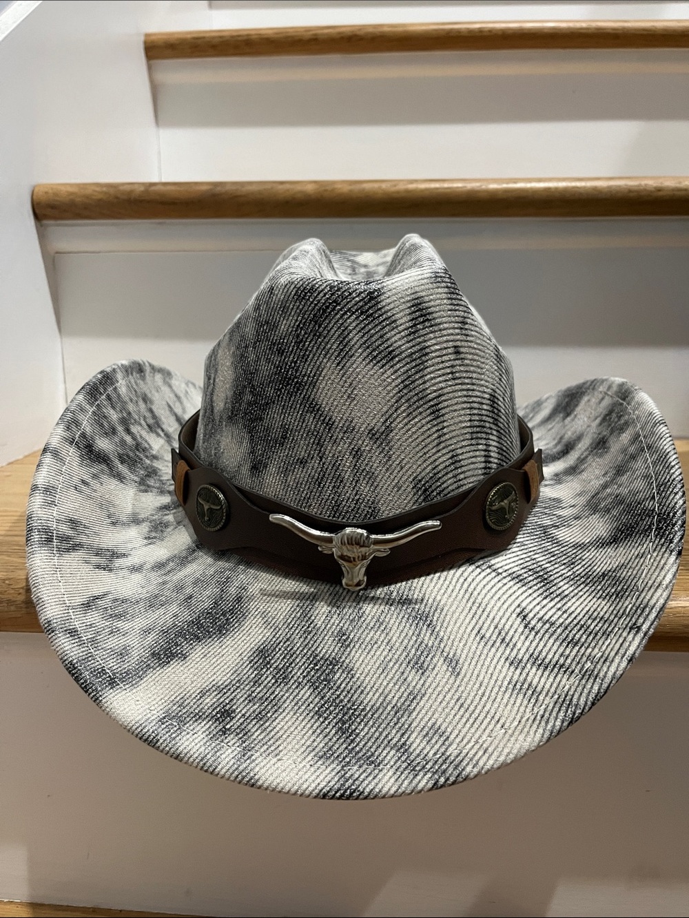 Men's Black & White Marbled Western Cowboy Hat with Brown Leather Band